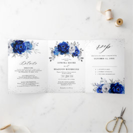Anúncio Com Dobra Tripla Azul Real Branco Metálico Prata Floral Casamento T