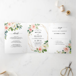 Anúncio Com Dobra Tripla Bela Rosa Pastel Flores Botânicas Casamento