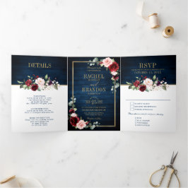 Anúncio Com Dobra Tripla Béryl Casamento Geométrico Dourado Burgundy