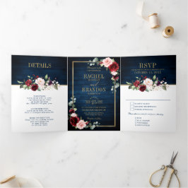 Anúncio Com Dobra Tripla Béryl Geométrico Casamento Tr Burgundy Dourado