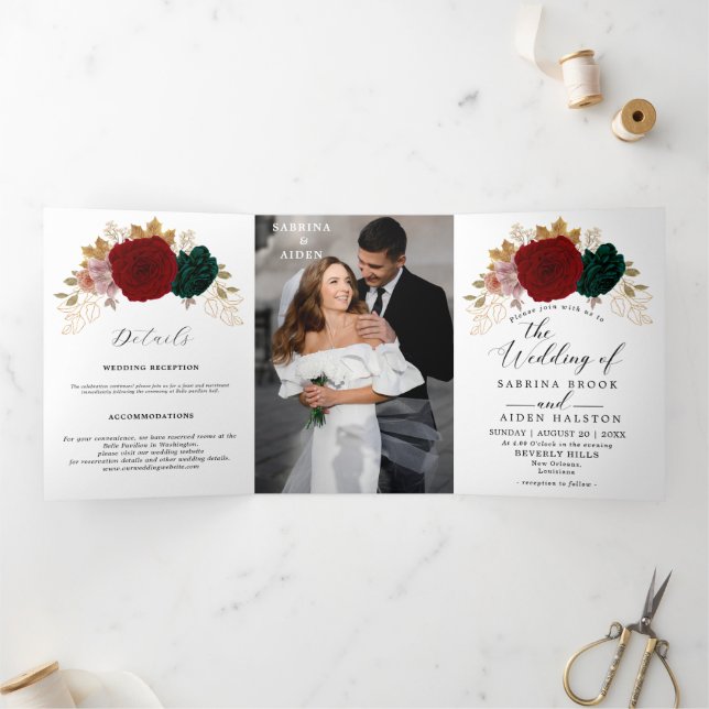 Anúncio Com Dobra Tripla Casamento Autumanal Dourado Burgundy Emerald Green (Dentro)