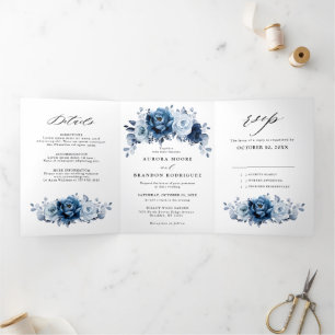 Anúncio Com Dobra Tripla Casamento Botânico Floral Azul Desbotado Ardósia M