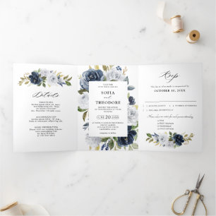 Anúncio Com Dobra Tripla Casamento Botânico Floral Azul Marinho Poeira Bran