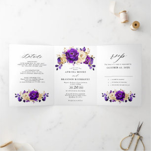 Anúncio Com Dobra Tripla Casamento Botânico Floral Roxo Real Dourado