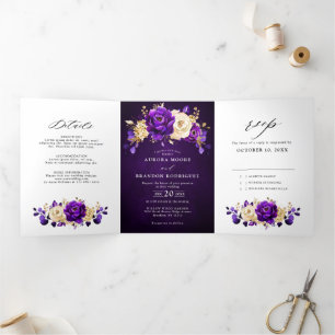 Anúncio Com Dobra Tripla Casamento Botânico Floral Roxo Real Dourado 