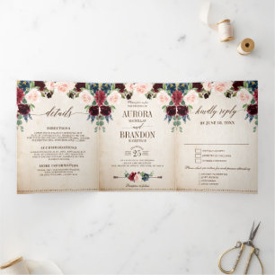 Anúncio Com Dobra Tripla Casamento de Boho do País da Rússia Floral Marinho