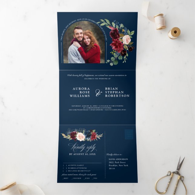 Anúncio Com Dobra Tripla Casamento De Foto Floral Com Blush Marinho Azul (Dentro)