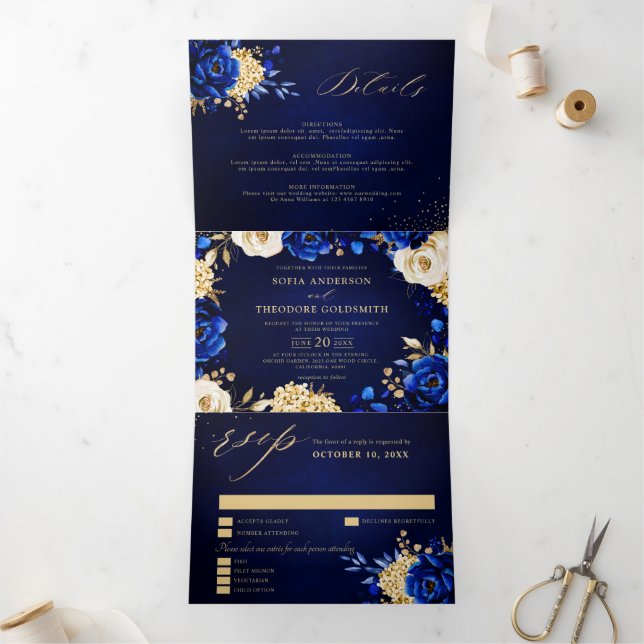 Anúncio Com Dobra Tripla Casamento Dourado Metálico Real Azul Triplo (Dentro)