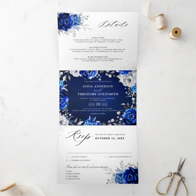 Anúncio Com Dobra Tripla Casamento Floral Metálico Azul Real Branco Prata (Dentro)