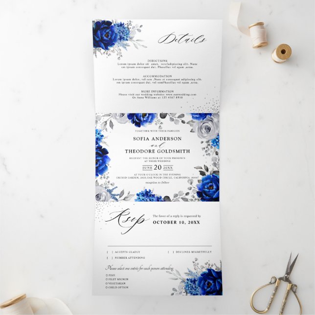 Anúncio Com Dobra Tripla Casamento Floral Metálico Prata Branco Azul Real T (Dentro)