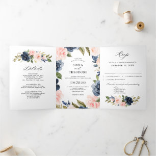 Anúncio Com Dobra Tripla Casamento Floral Rosa Bege Azul Marinho
