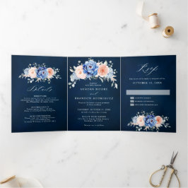 Anúncio Com Dobra Tripla Casamento Floral Rosa Poeira Azul Naval