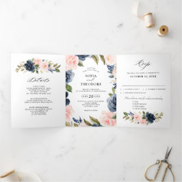 Anúncio Com Dobra Tripla Casamento Floral Rosa-Rosa marinho Azul Penteado