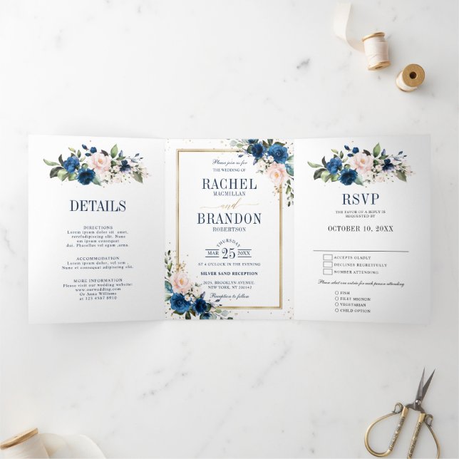 Anúncio Com Dobra Tripla Casamento Geométrico Boho Rosa Azul Marinho (Dentro)