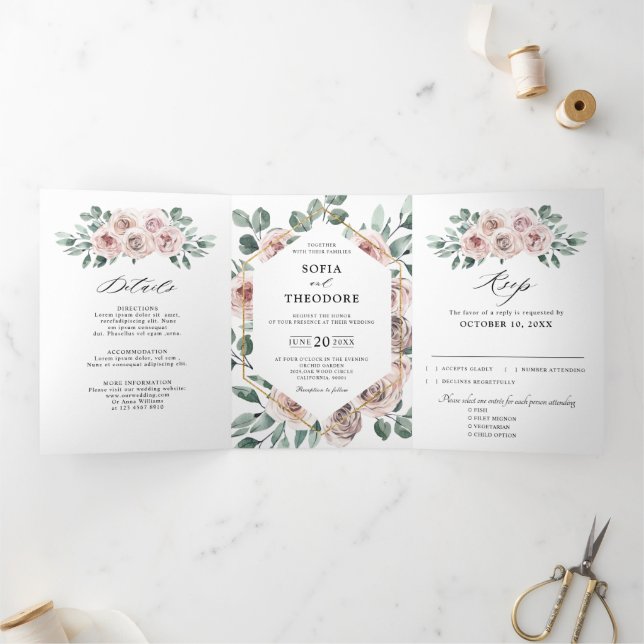 Anúncio Com Dobra Tripla Casamento Geométrico Floral Rosa Mauve Rosa Poeire (Dentro)