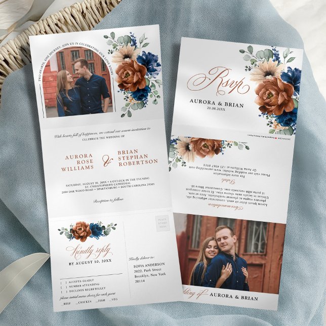 Anúncio Com Dobra Tripla Casamento Russo de Grass Marinho Terracotta Blue P (Terracotta Navy Blue Pampas Grass Rustic Wedding All in one photo Tri-Fold Announcement)