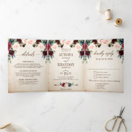 Anúncio Com Dobra Tripla Casamento Rústico Boho Floral Azul Marinho Borgonh