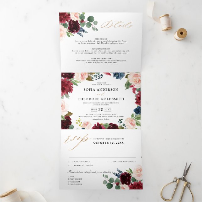 Anúncio Com Dobra Tripla Casamento Rústico Country com Floral em Azul Marin (Dentro)
