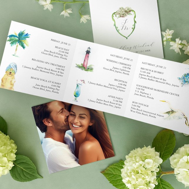 Anúncio Com Dobra Tripla Cronograma do Dia do Casamento da Hortênsia Verde (Trifold wedding program designed with had painted art Florida watercolor artist Victoria Grigaliunas)