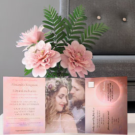 Anúncio Com Dobra Tripla Elegante Caligrafia Rosa Foto Personalizada Casame