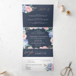 Anúncio Com Dobra Tripla Hortênsias azul desbotado rosa pastel no casamento