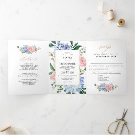 Anúncio Com Dobra Tripla Hortênsias azul empoeirado rosa pastel Casamento T