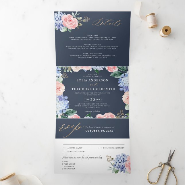 Anúncio Com Dobra Tripla Hortênsias Rosa Pastel Azul Empoeirado Casamento T (Dentro)