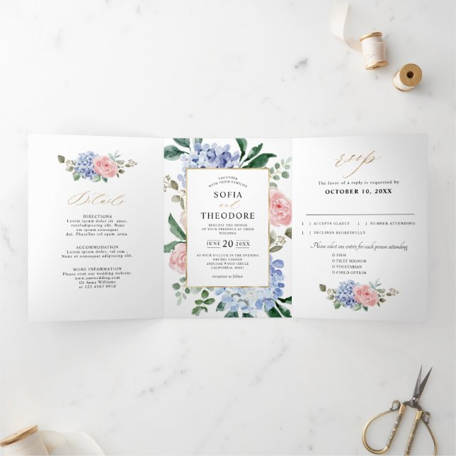 Anúncio Com Dobra Tripla Hortênsias Rosa Pastel Azul Empoeirado Casamento T (Dentro)