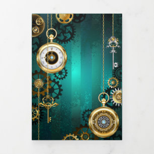 Anúncio Com Dobra Tripla Joia Steampunk Relógio em um Fundo Verde