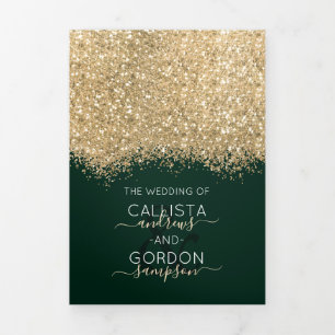 Anúncio Com Dobra Tripla Luxo Moderno Dourado Verde Glitter Confete Casamen
