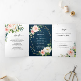 Anúncio Com Dobra Tripla Marinha Rosa Floral Botânico Casamento