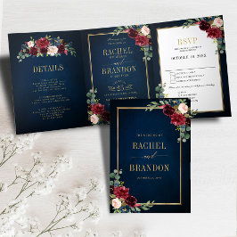 Anúncio Com Dobra Tripla Marinho Azul Blush Borgonha Dourada Casamento Geom