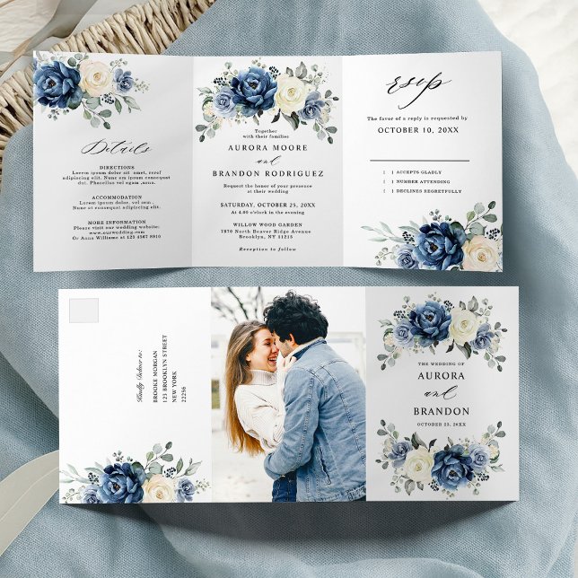 Anúncio Com Dobra Tripla Marinho Azul Dusty Champanhe Ivory Floral (Dusty Blue Navy Champagne Ivory Floral Tri-Fold Wedding All in one invitation | Announcement)