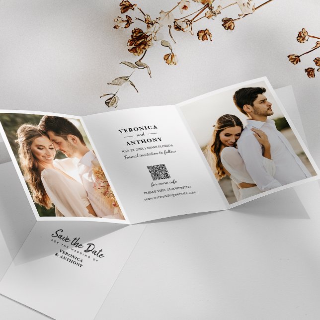 Anúncio Com Dobra Tripla Modern Salve o casamento de fotos de data (Elegant trifold save the date with photos and QR code for easy wedding info access.)