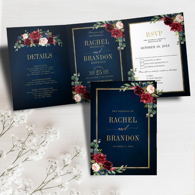 Anúncio Com Dobra Tripla Noiva Azul Marinho Bege Borgonha Dourado Geométric (Navy Blue Blush Burgundy Gold Geometric Wedding photo Tri-Fold Announcement)