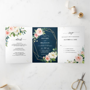 Anúncio Com Dobra Tripla Noiva Rosa Floral Botânico Casamento Rosa Pálido