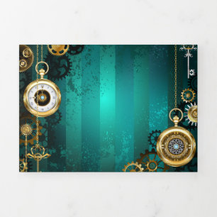 Anúncio Com Dobra Tripla Relógio de Joia Steampunk em um Fundo Verde