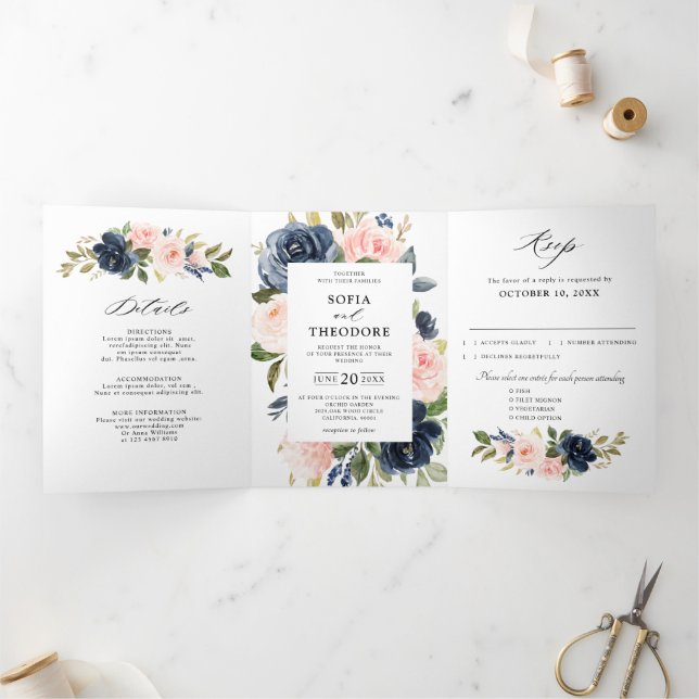 Anúncio Com Dobra Tripla Rosa Floral Bege Poeira Azul Marinho Casamento Tri (Dentro)