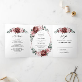 Anúncio Com Dobra Tripla Rosa Mauve Floral Geométrico Casamento 