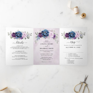 Anúncio Com Dobra Tripla Roxo Azul Sujo Lilás Navy Flores Casamento Tri-Fo
