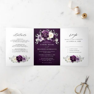Anúncio Com Dobra Tripla Roxo Berinjela Marfim Branco Floral Casamento Tr