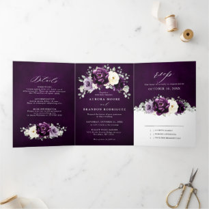 Anúncio Com Dobra Tripla Roxo Berinjela Marfim Branco Floral Casamento Tr