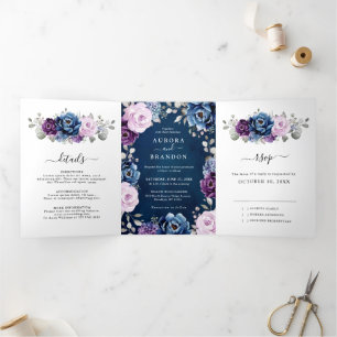 Anúncio Com Dobra Tripla Roxo Navy Azul Poeira Lilac Floresce Casamento Tri