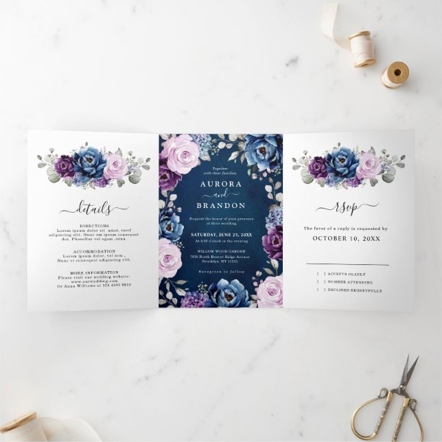 Anúncio Com Dobra Tripla Roxo Navy Azul Poeira Lilac Floresce Casamento Tri (Dentro)