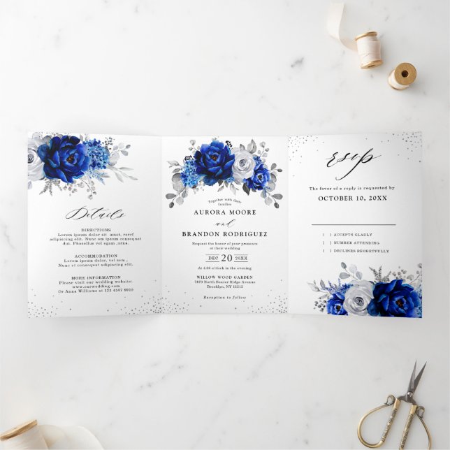 Anúncio Com Dobra Tripla Royal Blue Branco Metálico Prata Floral Casamento  (Dentro)