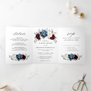 Anúncio Com Dobra Tripla Slate Blue Burgundy White Ivory Floral Casamento