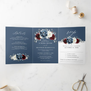 Anúncio Com Dobra Tripla Slate Blue Burgundy White Ivory Floral Casamento T