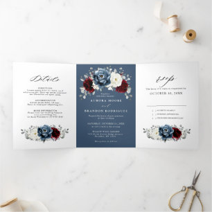Anúncio Com Dobra Tripla Slate Blue Burgundy White Ivory Floral Casamento T