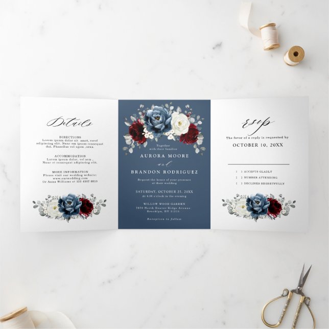 Anúncio Com Dobra Tripla Slate Blue Burgundy White Ivory Floral Casamento T (Dentro)