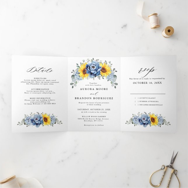 Anúncio Com Dobra Tripla Sunflower Dusty Blue Slate Peony Casamento Floral (Dentro)